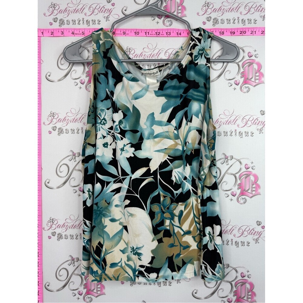 Gloria Vanderbilt tank top cowl Teal Black Cream Floral Tank